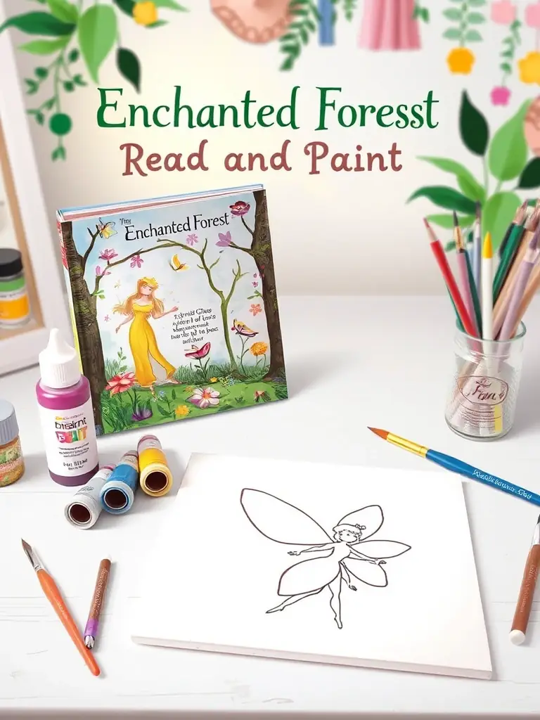 A picture of the 'Enchanted Forest' Read and Paint Art Kit, displaying the fairy tale book, glitter glue, paint, a brush, and a canvas with a pre-drawn outline of a fairy.