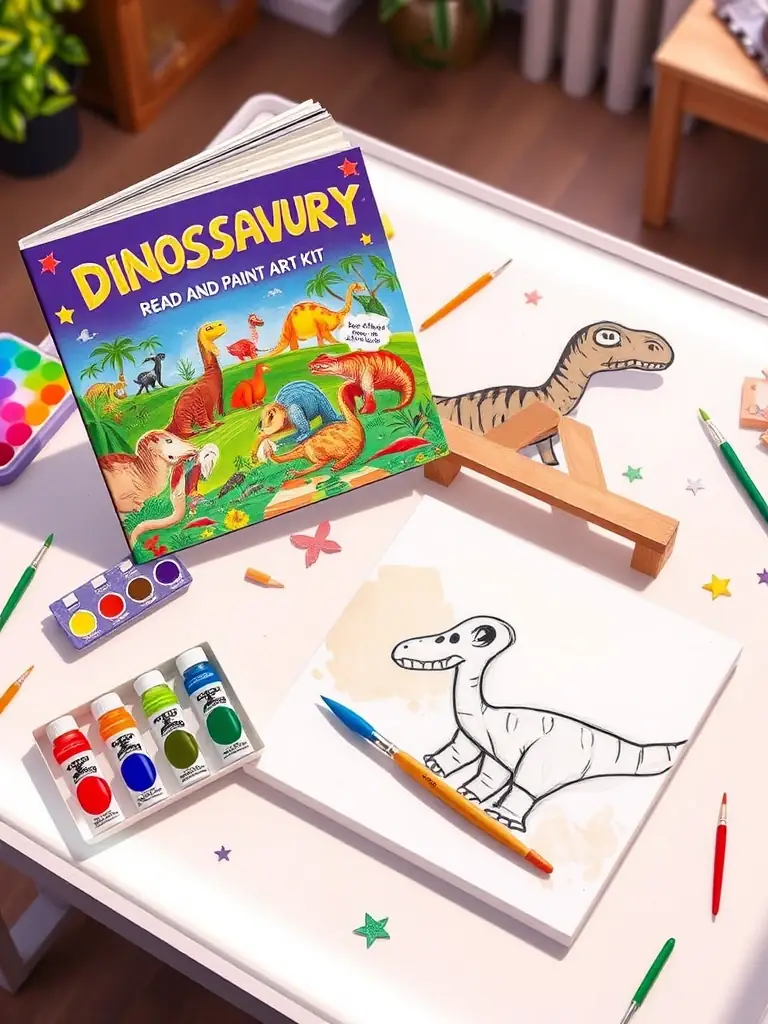 An image of the 'Dinosaur Discovery' Read and Paint Art Kit, featuring the dinosaur-themed book, acrylic paints, a brush, and a canvas with a sketch of a Tyrannosaurus Rex.
