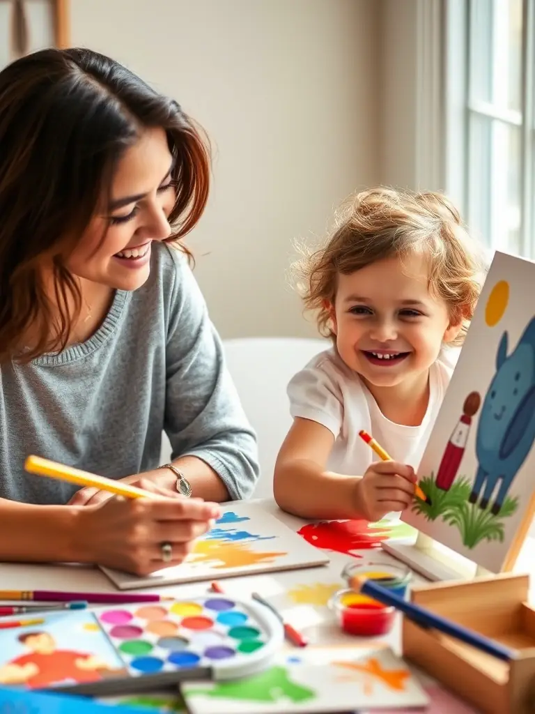 A parent and child engaging in a Read and Paint Art Kit activity, highlighting the bonding experience and shared learning.