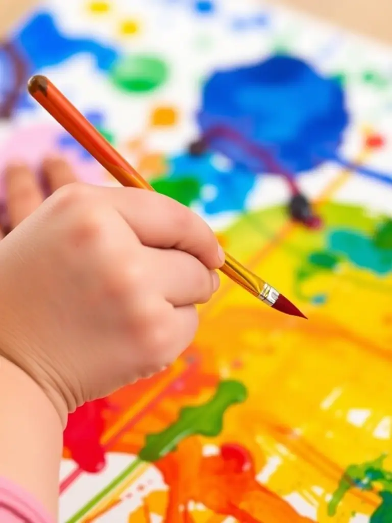 A close-up shot of a child's hands carefully holding a paintbrush, demonstrating the development of fine motor skills while working on a Read and Paint Art Kit project.