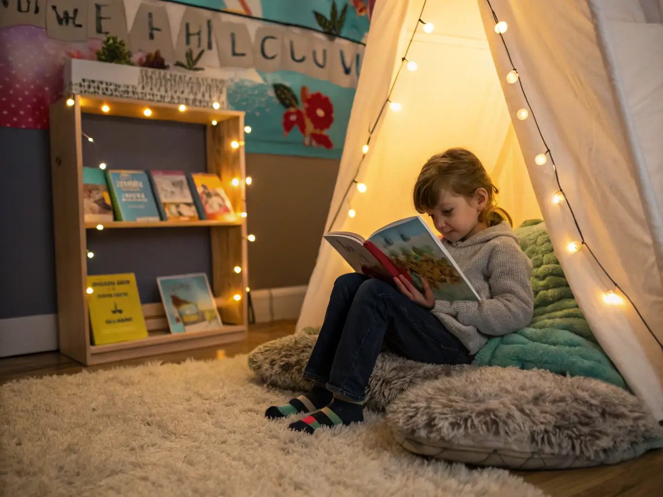 An image of a child engrossed in reading one of the books included in the Read and Paint Art Kit, highlighting the reading comprehension aspect.