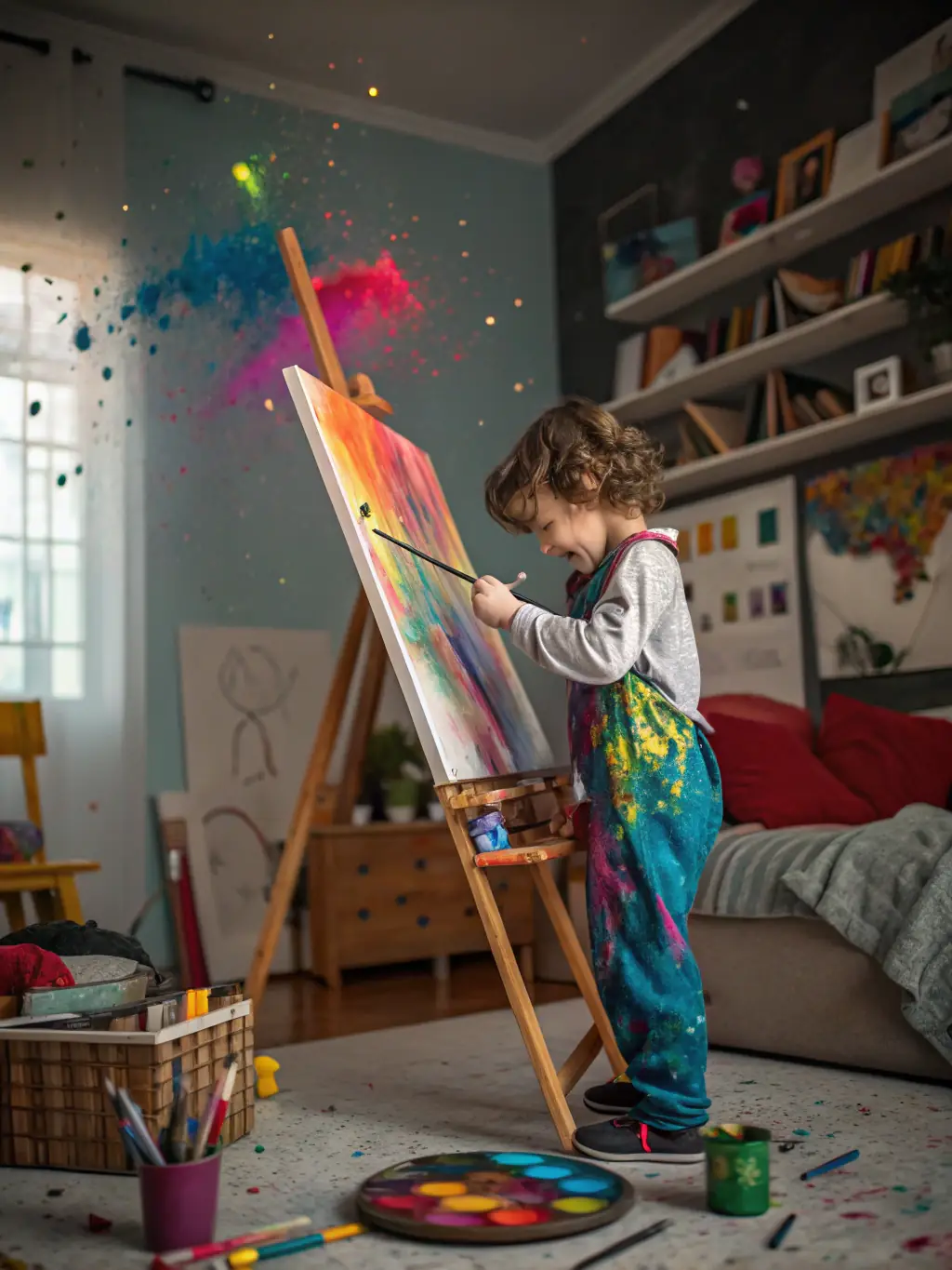 A child engrossed in painting a scene from a storybook, using vibrant colors and a focused expression, showcasing the creative engagement fostered by Read and Paint Art Kits.