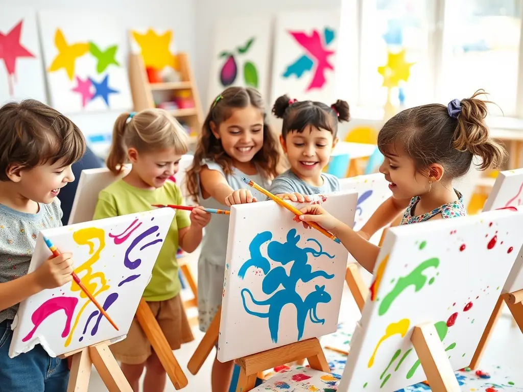 A group of children collaborating on a painting project from the art kit, demonstrating teamwork and shared learning.