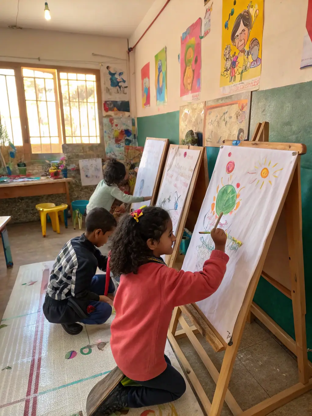 A diverse group of children collaborating on a large painting inspired by a Read and Paint Art Kit, emphasizing teamwork and shared learning experiences.