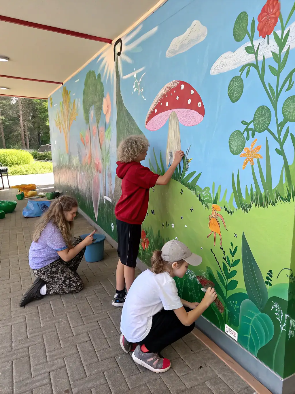 A group of older children collaborating on a large mural inspired by a book, showcasing teamwork and advanced artistic techniques.