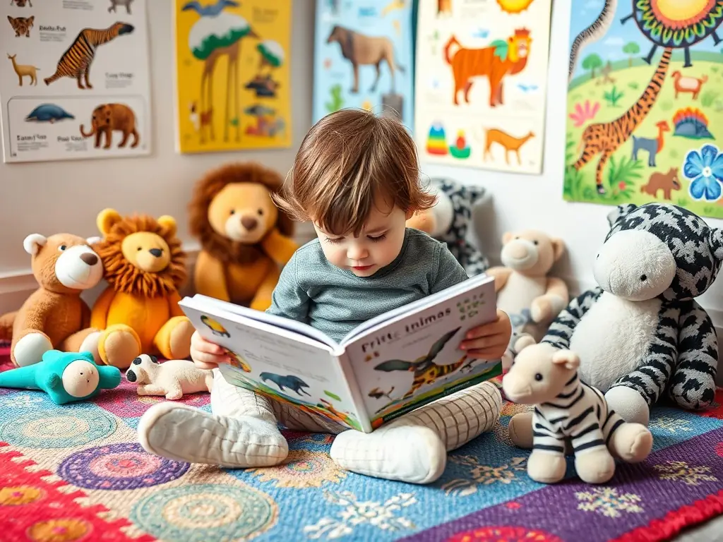 A vibrant image of a child happily reading a book from the art kit, with paintbrushes and art supplies surrounding them, set in a brightly lit room.