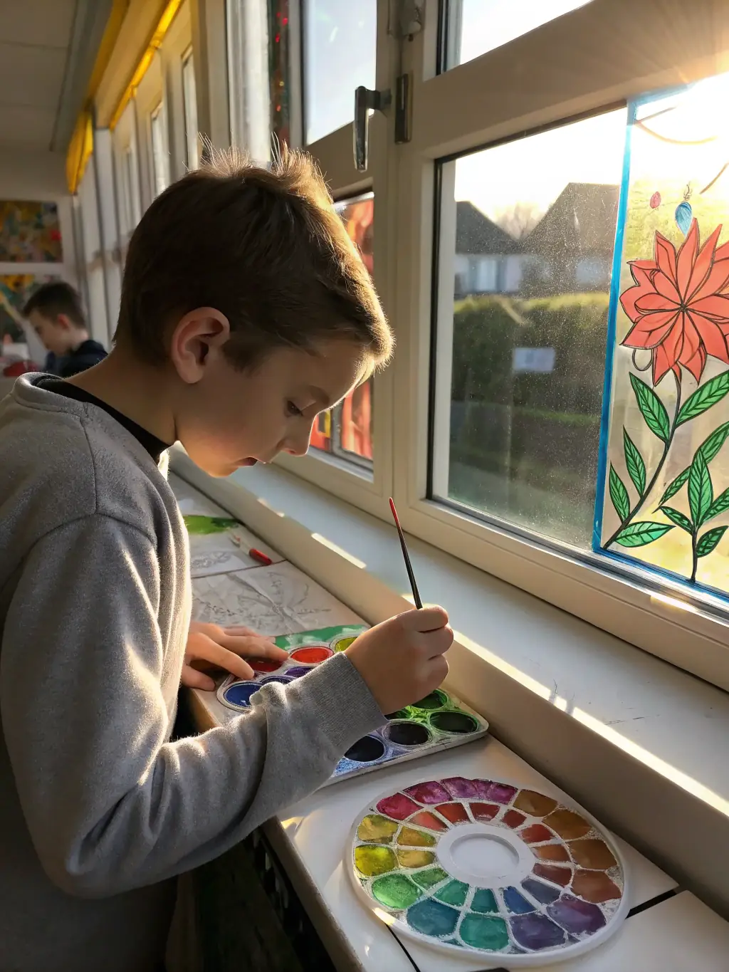 A focused elementary school student carefully painting a detailed scene from a book, demonstrating improved concentration and artistic skill.