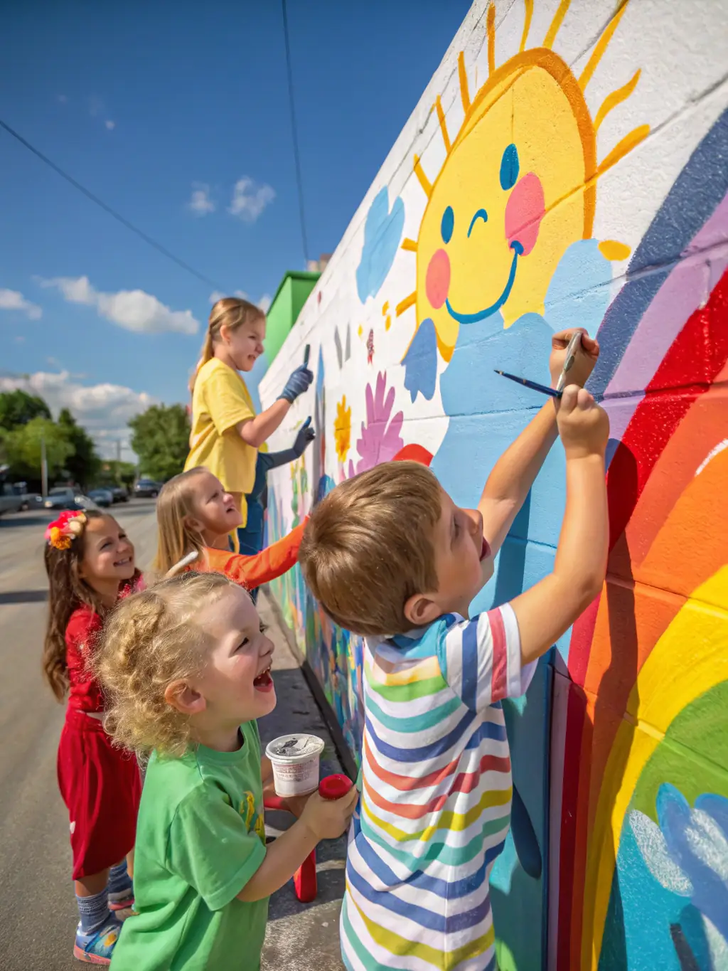 A vibrant image of a group of preschoolers joyfully painting with large brushes, their artwork displayed behind them, showcasing early artistic exploration.